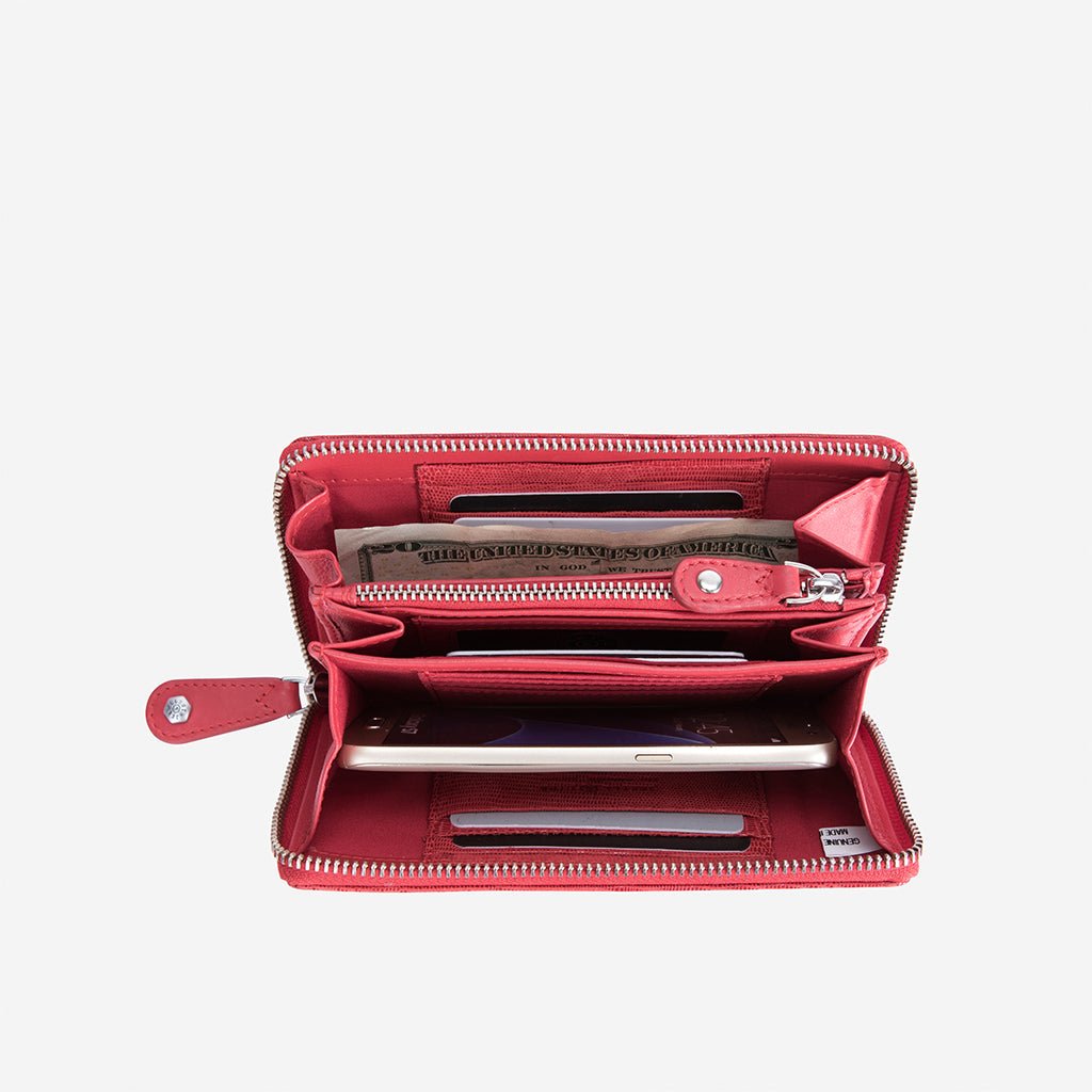 Jekyll and Hide medium zip around purse in cherry leather, with multiple card slots and a secure zip closure, inside image
