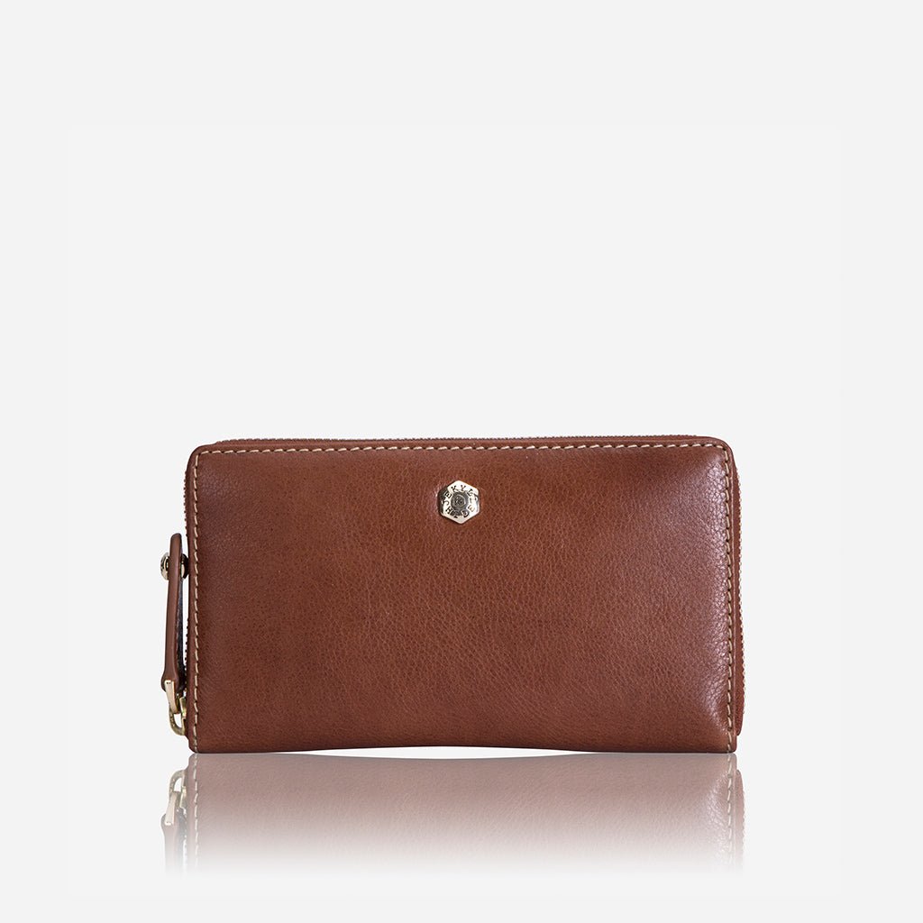 Jekyll and Hide medium zip around purse in tan leather, with multiple card slots and a secure zip closure, front image