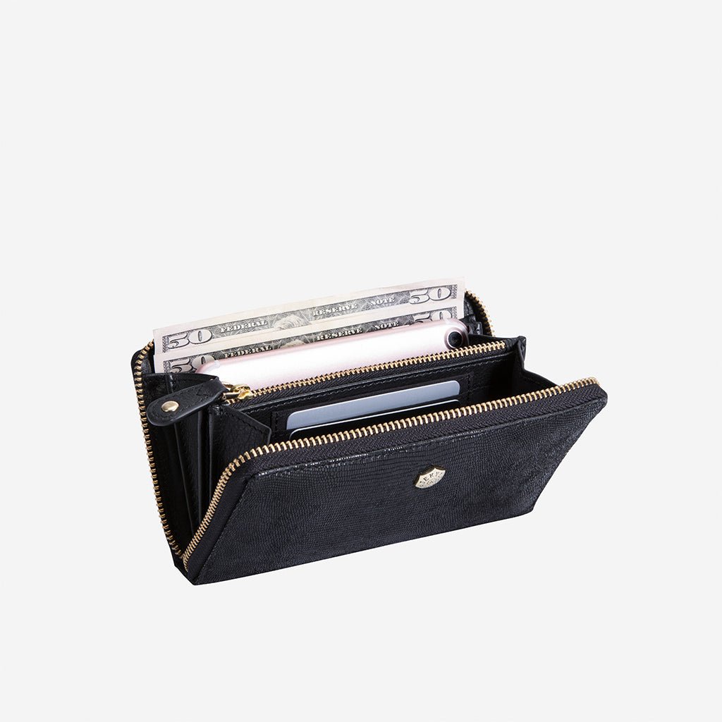 Jekyll and Hide medium zip around purse in black leather, featuring card slots and a compact design, inside image