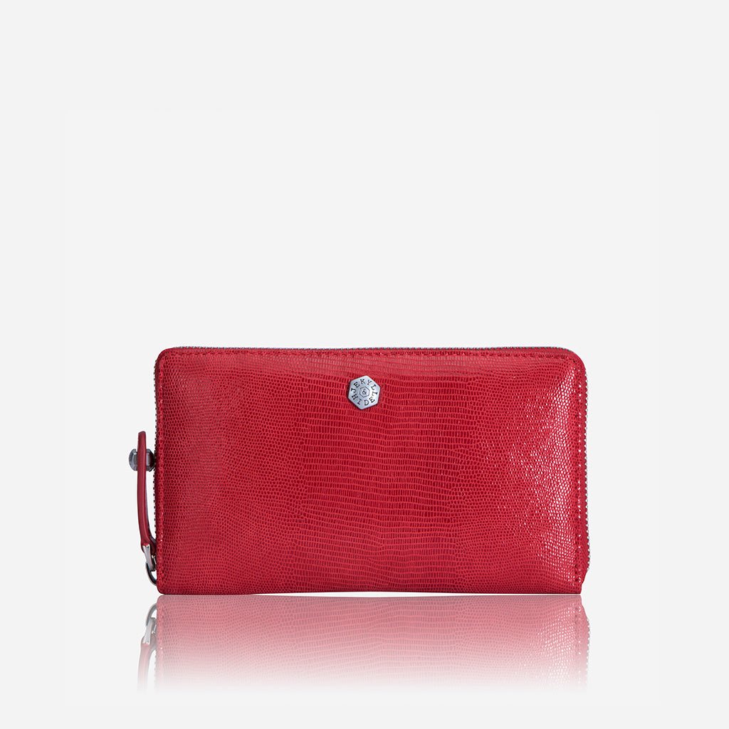 Jekyll and Hide medium zip around purse in cherry leather, with multiple card slots and a secure zip closure, front image