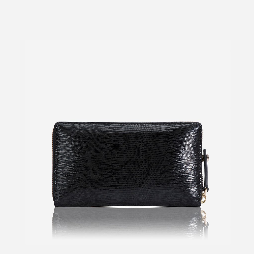 Jekyll and Hide medium zip around purse in black leather, featuring card slots and a compact design, back image