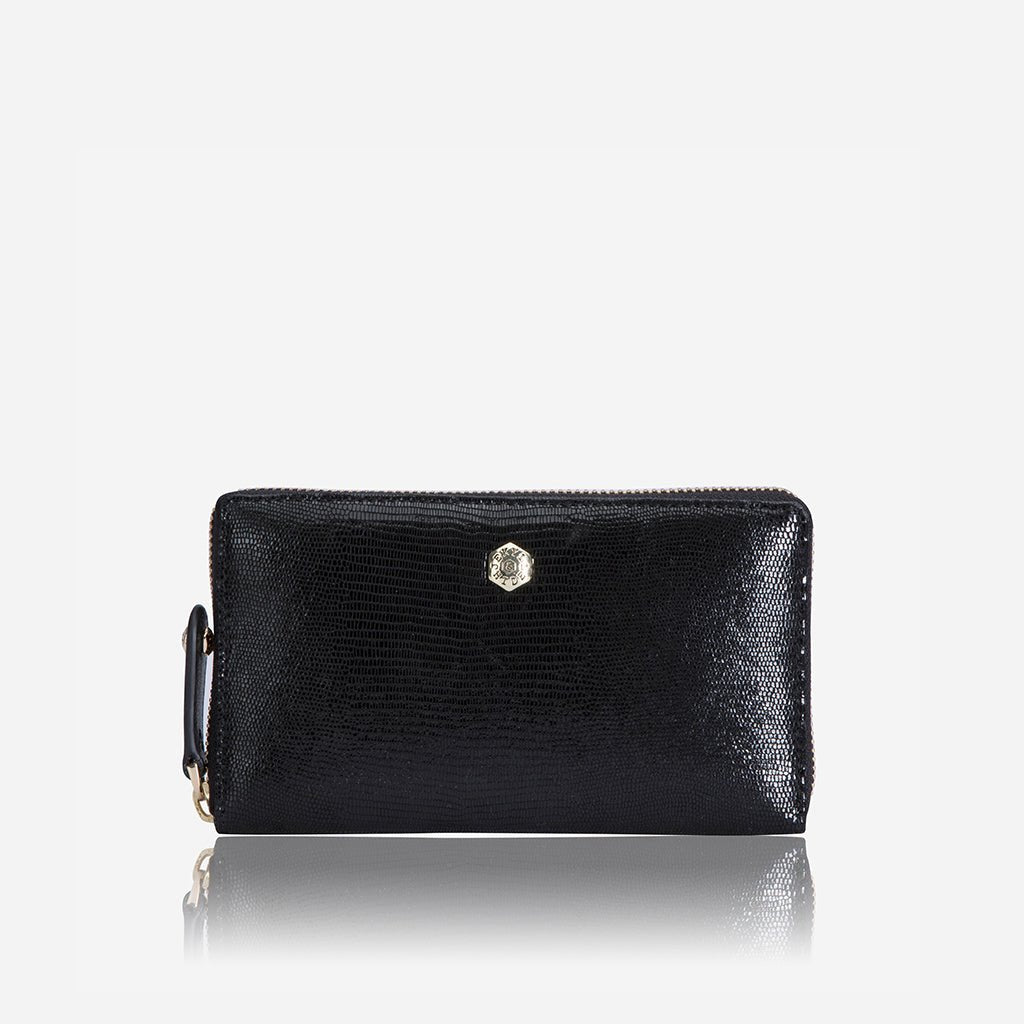 Jekyll and Hide medium zip around purse in black leather, featuring card slots and a compact design, front image