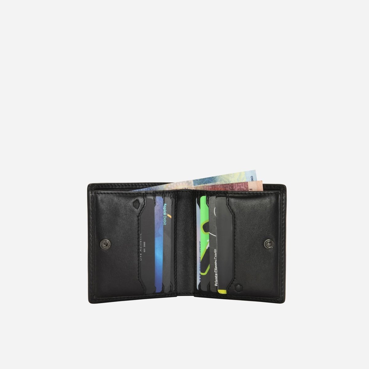 Jekyll and Hide slim bifold card holder in black with coin pocket, crafted from premium leather, inside image