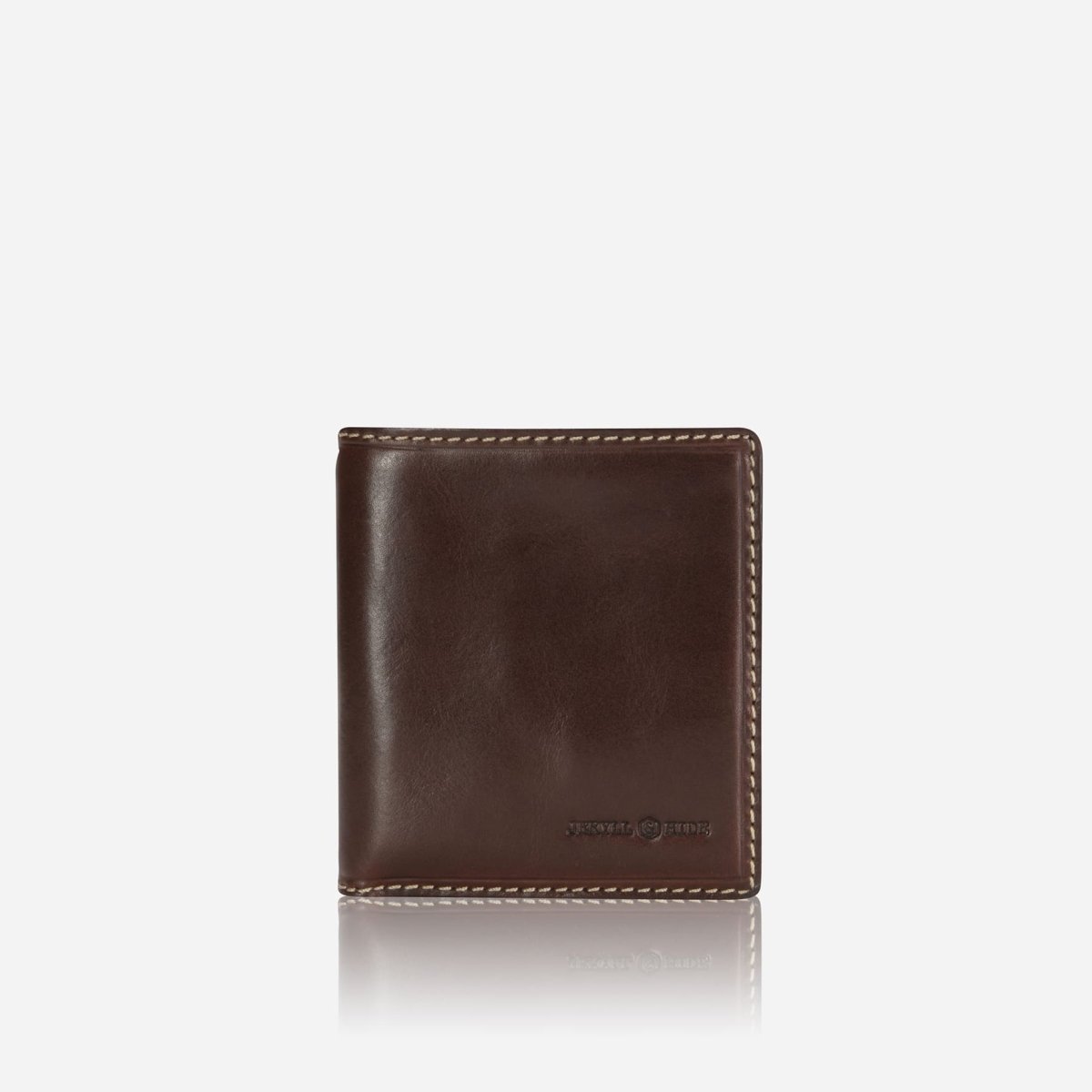Jekyll and Hide slim bifold card holder in mocha with coin pocket, crafted from premium leather, front image