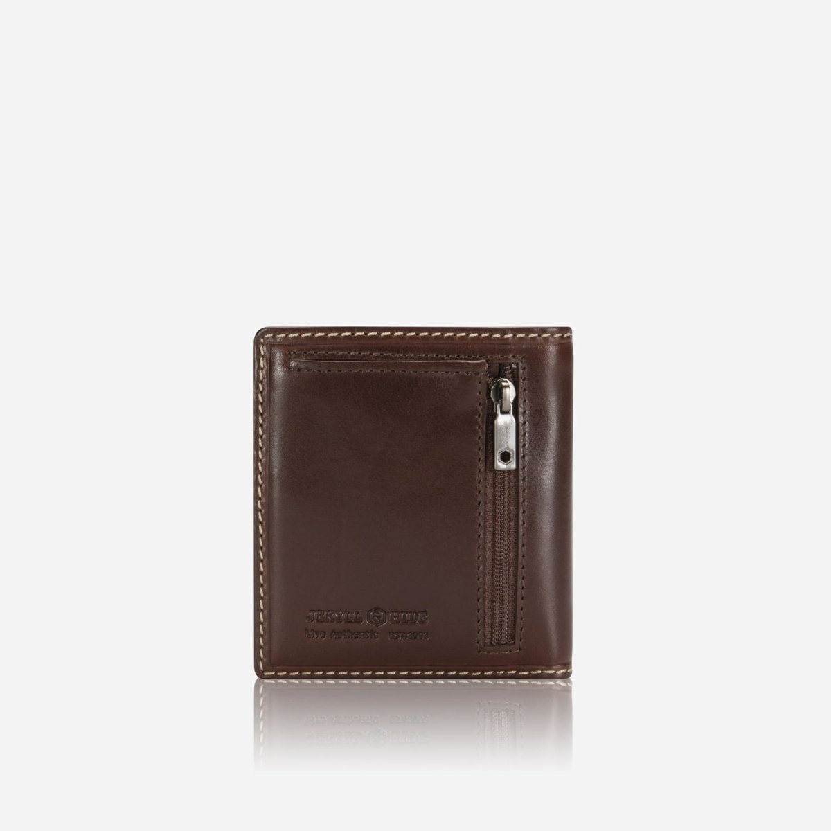Jekyll and Hide slim bifold card holder in mocha with coin pocket, crafted from premium leather, back image