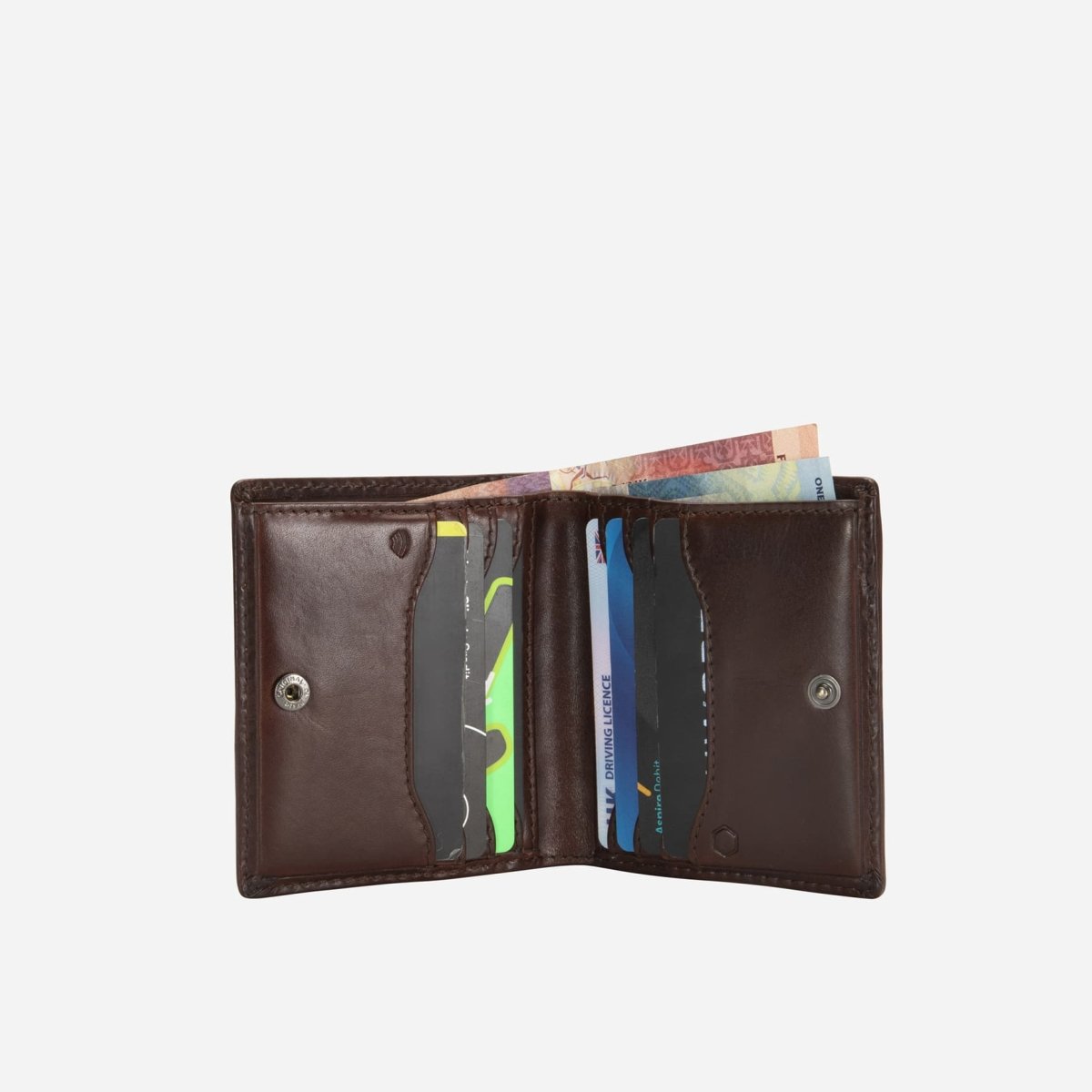 Jekyll and Hide slim bifold card holder in mocha with coin pocket, crafted from premium leather, inside image