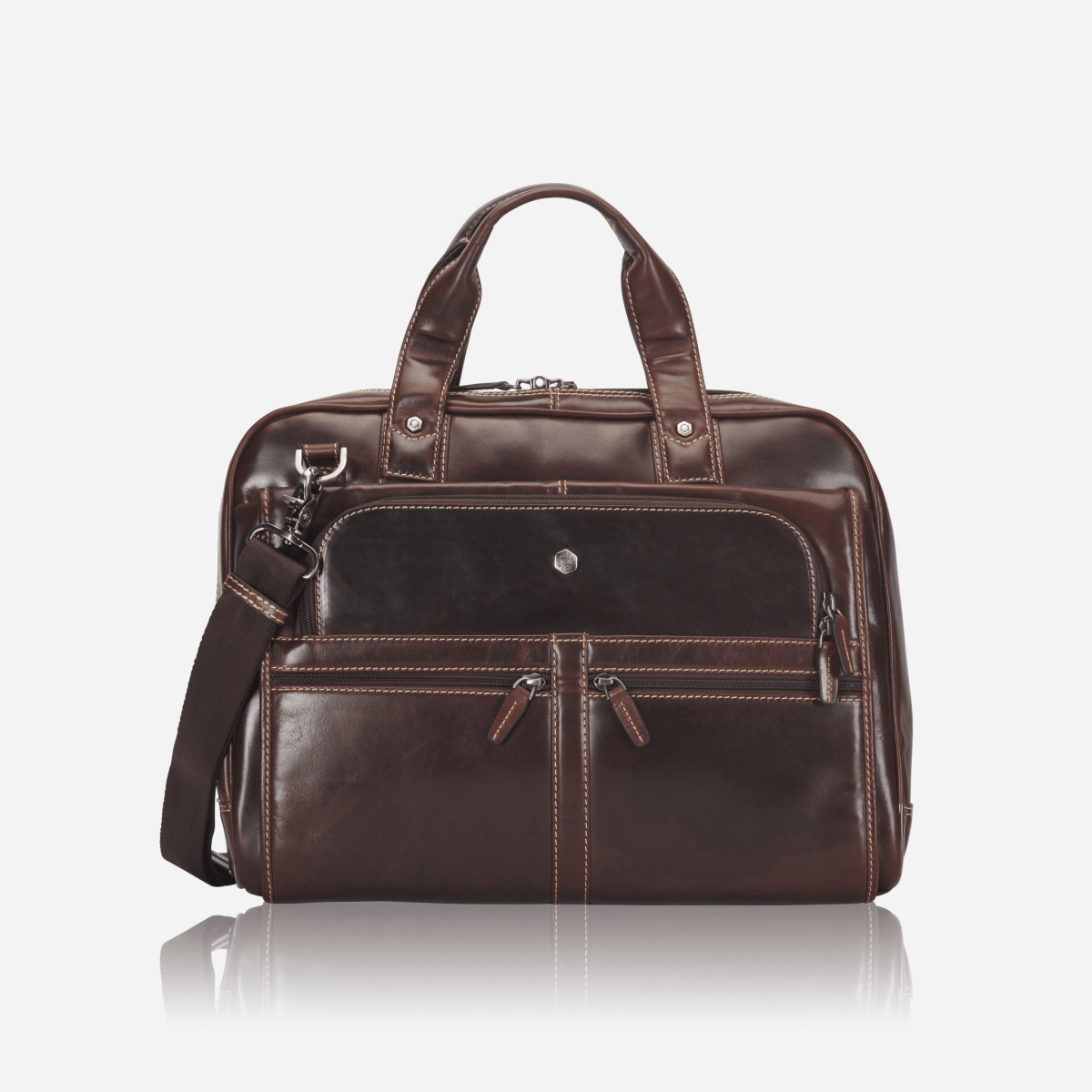 Large Multi Compartment laptop Briefcase in Mocha colour- Jekyll and Hide SA, front image