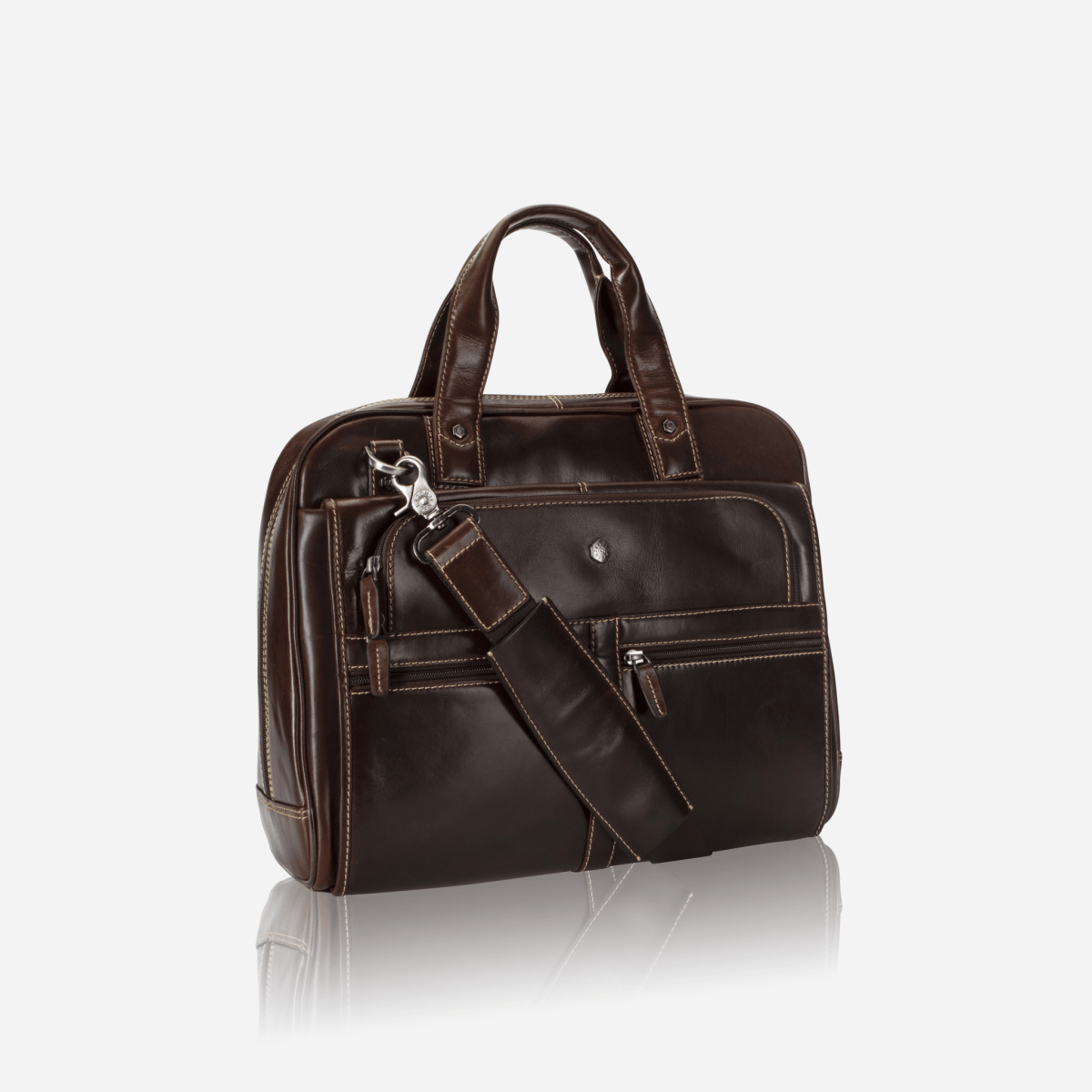 Large Multi Compartment laptop Briefcase in Mocha colour- Jekyll and Hide SA, side image