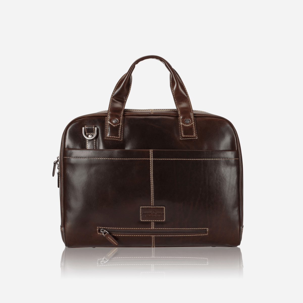 Large Multi Compartment laptop Briefcase in Mocha colour- Jekyll and Hide SA, back image