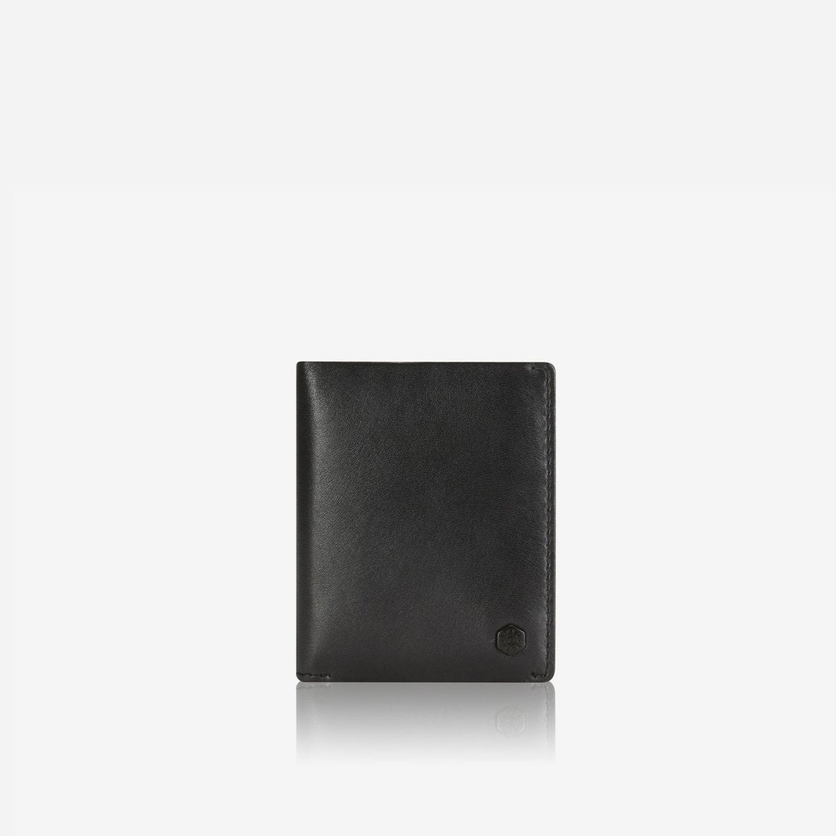 Jekyll and Hide slim leather billfold card holder in black colour, with multiple card slots and minimalist design, front image