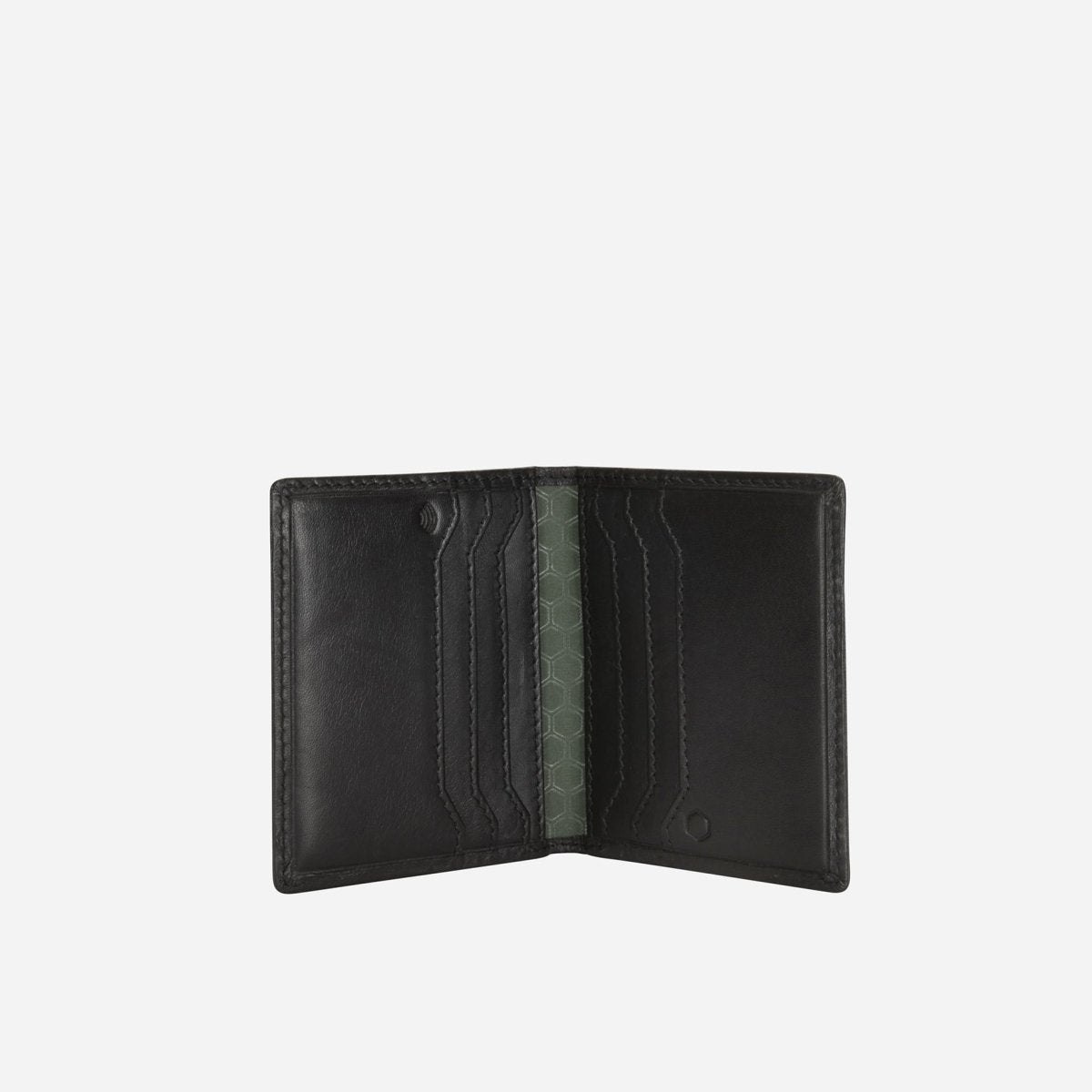 Jekyll and Hide slim leather billfold card holder in black colour, with multiple card slots and minimalist design, inside image