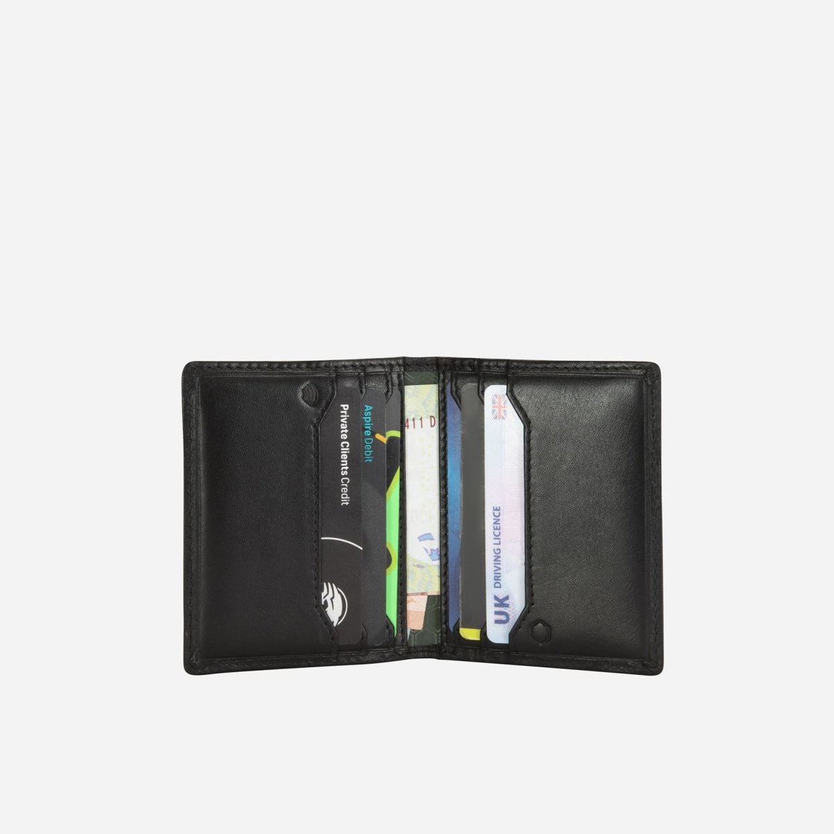 Jekyll and Hide slim leather billfold card holder in black colour, with multiple card slots and minimalist design, inside image