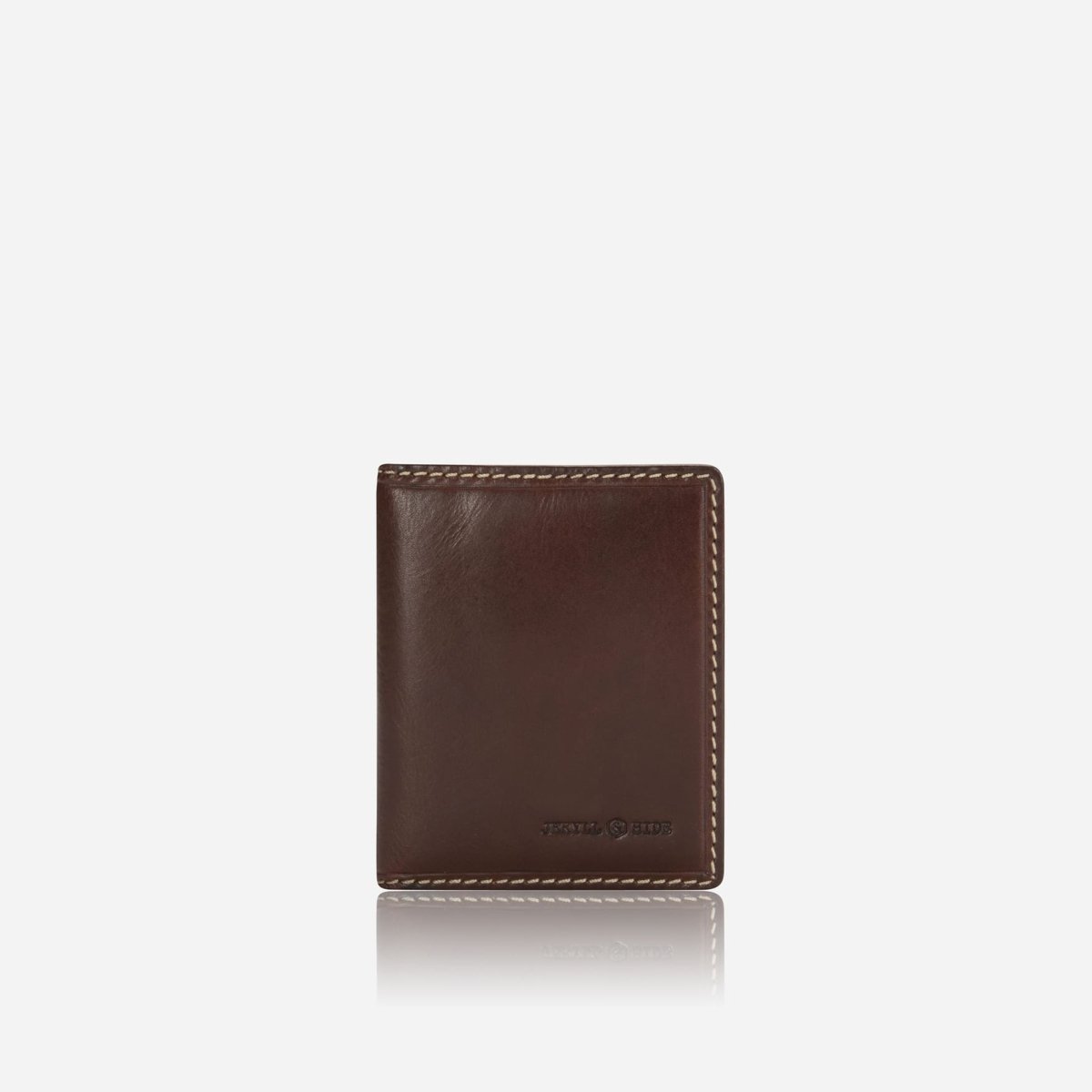 Jekyll and Hide slim leather billfold card holder in mocha colour, with multiple card slots and minimalist design, front image