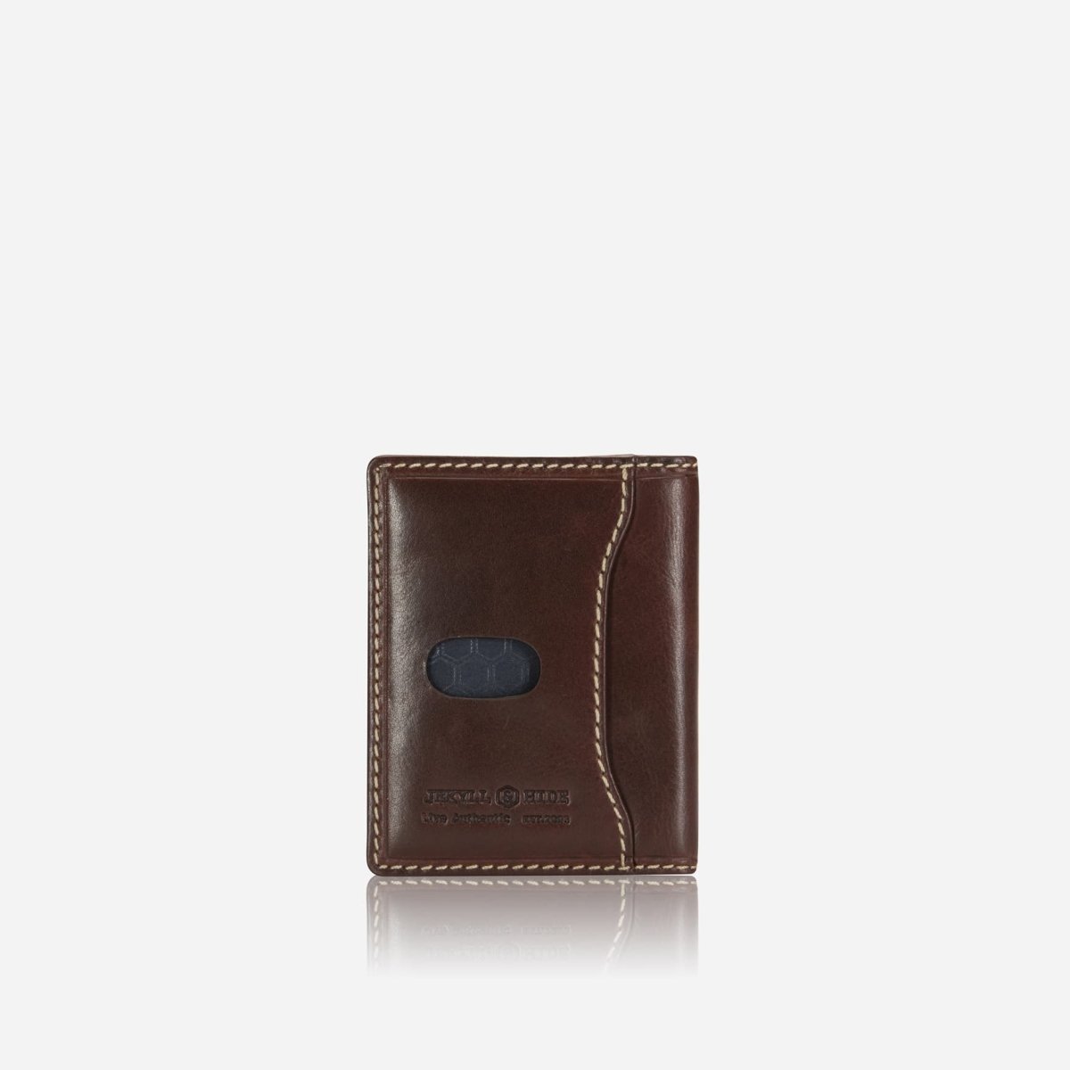 Jekyll and Hide slim leather billfold card holder in mocha colour, with multiple card slots and minimalist design, back image 1