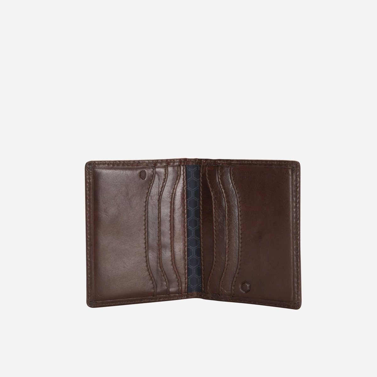 Jekyll and Hide slim leather billfold card holder in mocha colour, with multiple card slots and minimalist design, inside image 1