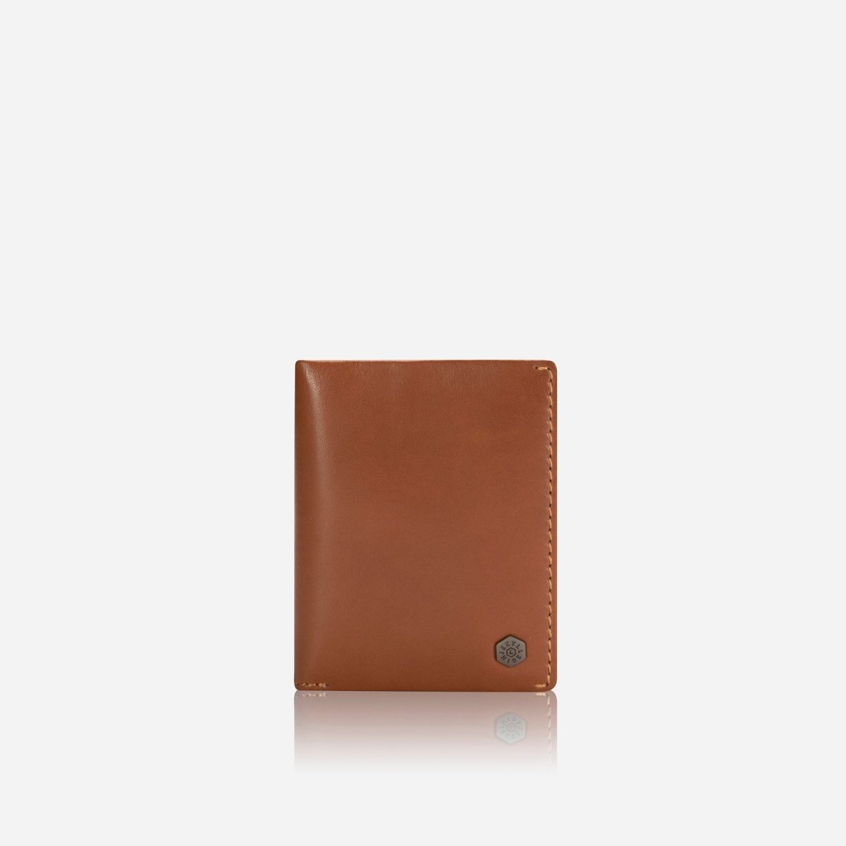 Jekyll and Hide slim leather billfold card holder in tan colour, with multiple card slots and minimalist design, front image