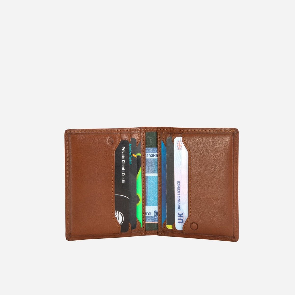 Jekyll and Hide slim leather billfold card holder in tan colour, with multiple card slots and minimalist design, inside image