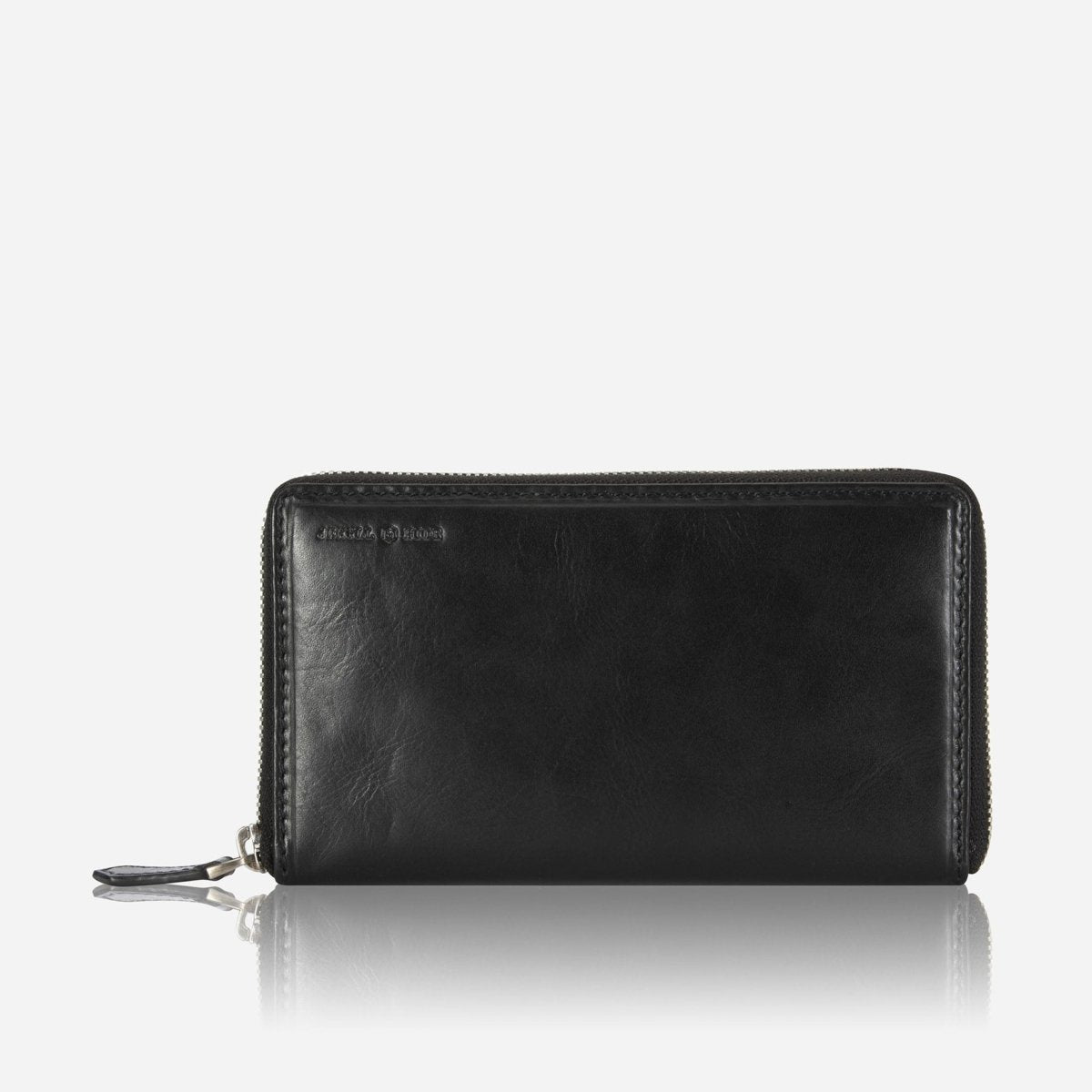 Jekyll and Hide medium zip around purse in black leather, with multiple card slots and a secure zip closure, front image