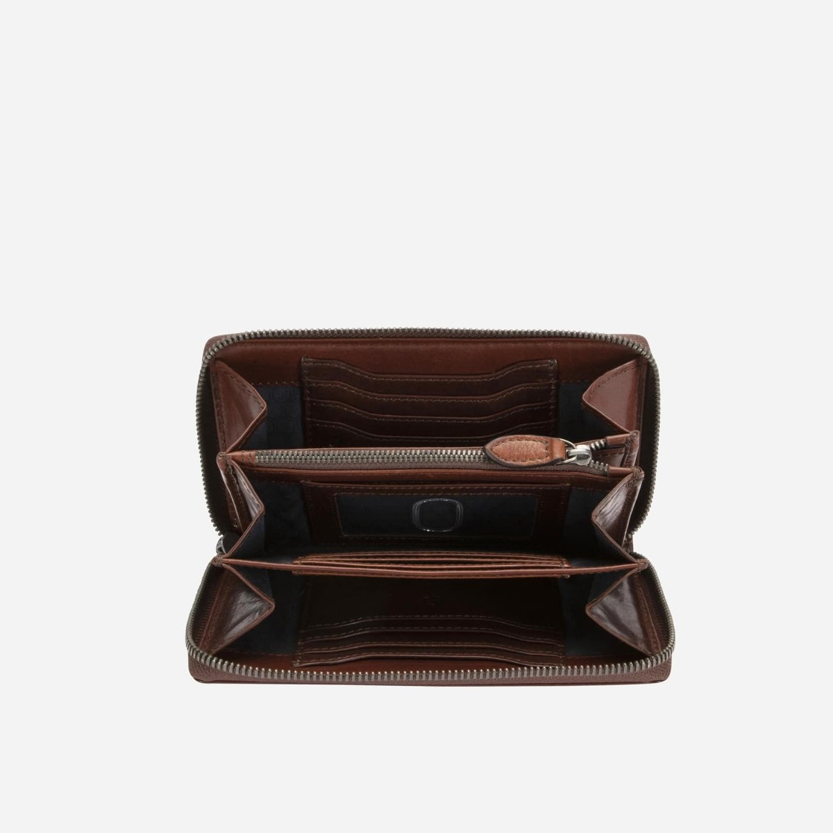 Jekyll and Hide medium zip around purse in mocha leather, with multiple card slots and a secure zip closure, inside image