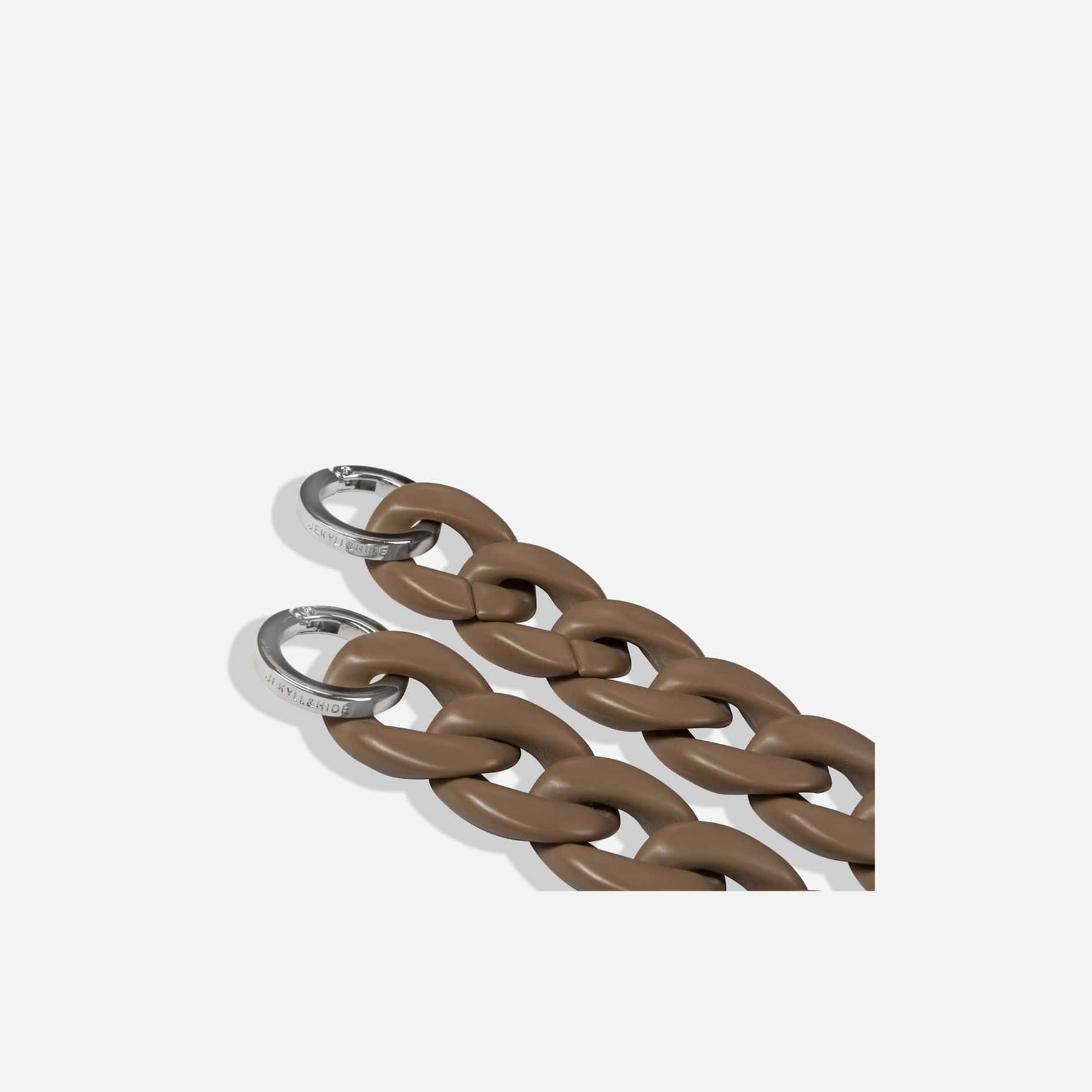 Jekyll and Hide stylish chain strap in brown, designed to complement handbags with a sleek and elegant finish, closeup image