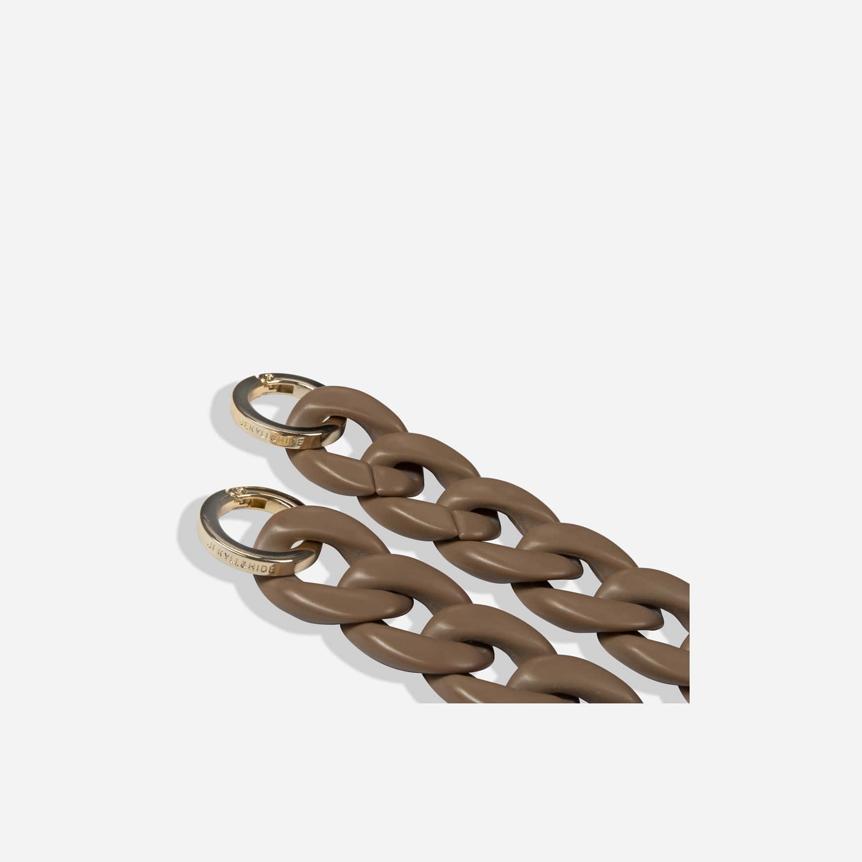 Jekyll and Hide stylish chain strap in brown, designed to complement handbags with a sleek and elegant finish, closeup image
