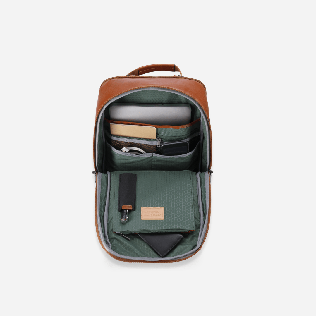 Jekyll and Hide 17-inch leather backpack in classic tan with padded laptop compartment and adjustable straps, inside image
