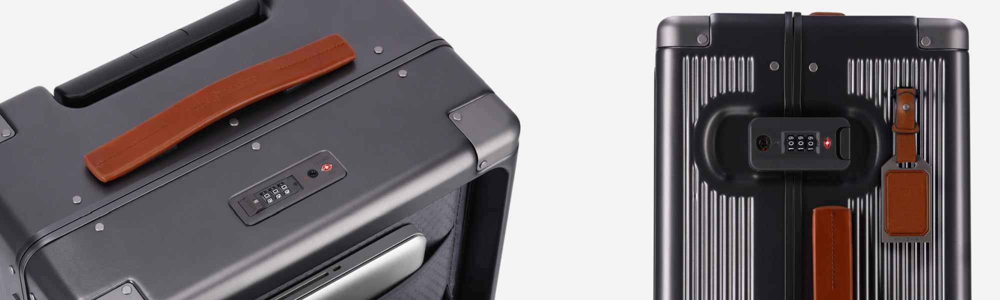 Two views of a suitcase with a focus on the handle and control panel.