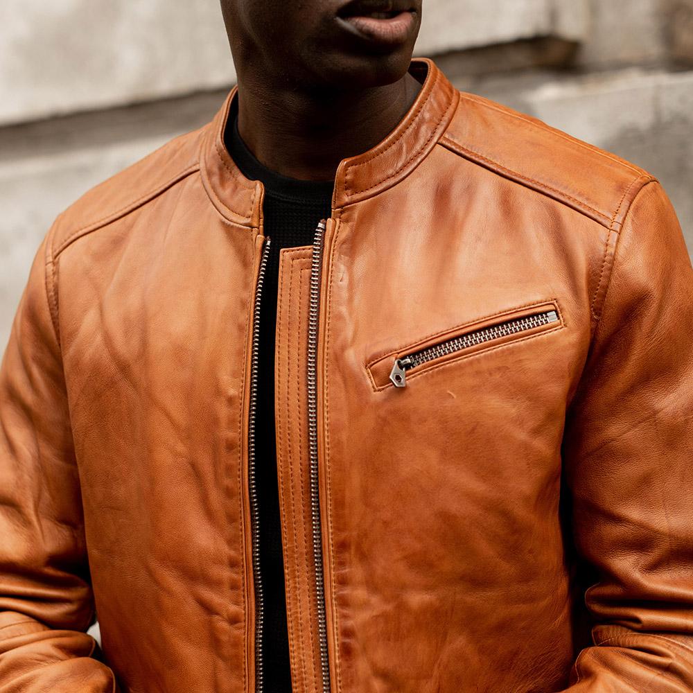 Burton Mandarin Collar Leather Jacket, Distressed Tan