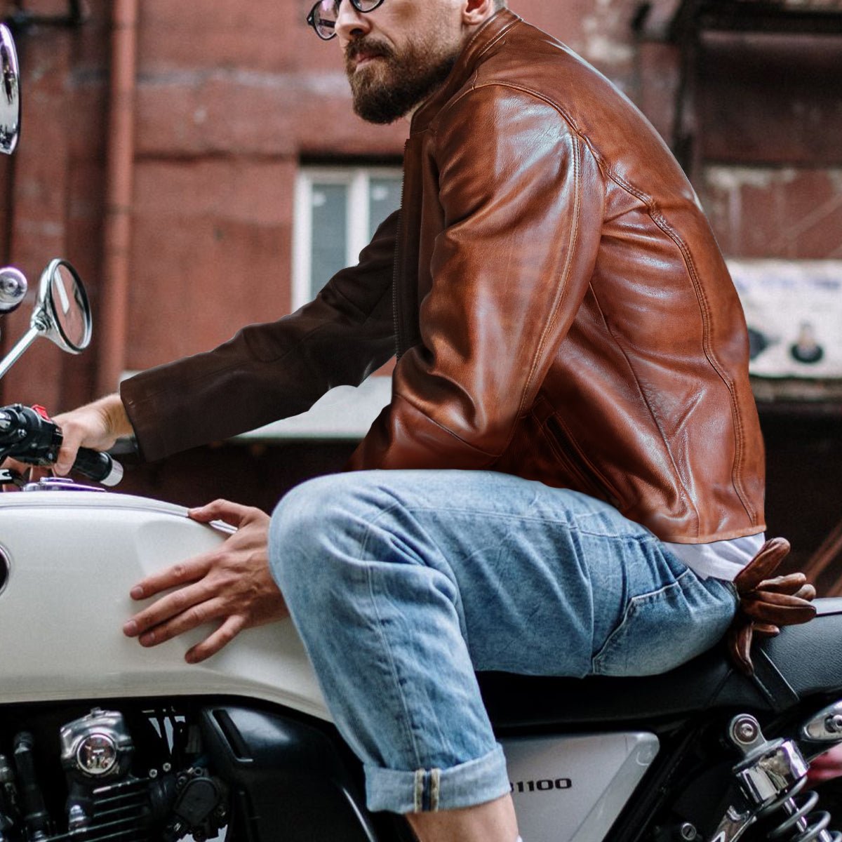 Mandarin Collar Leather Jacket