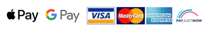Logos of Apple Pay, Google Pay, Visa, Mastercard, American Express, and PayJustNow on a white background.