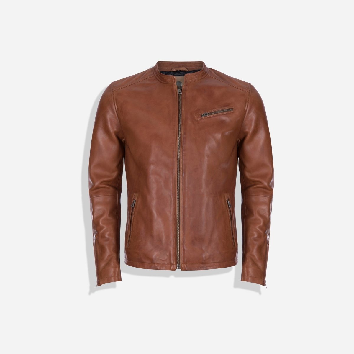 Mandarin Collar Leather Jacket, Chestnut - Jekyll and Hide SA