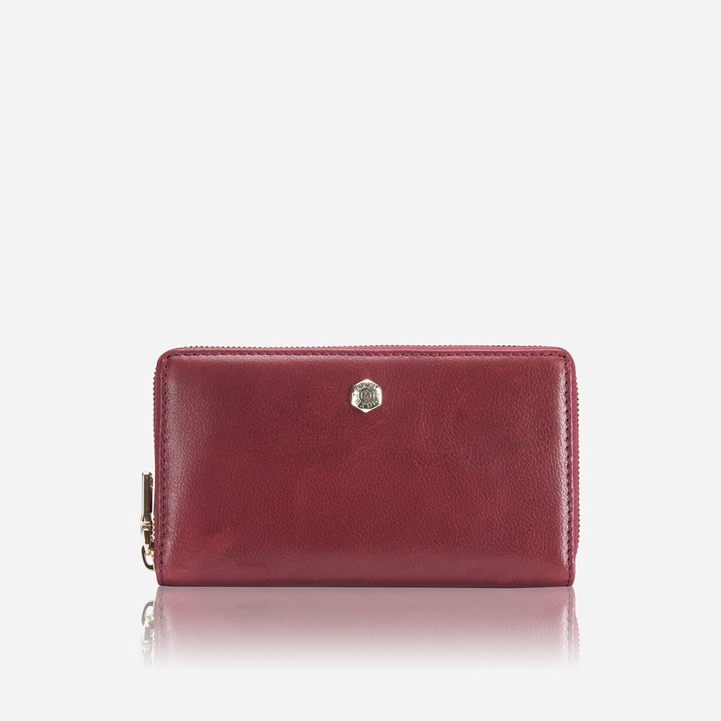 Jekyll and Hide medium zip around purse in red leather, with multiple card slots and a secure zip closure, front image