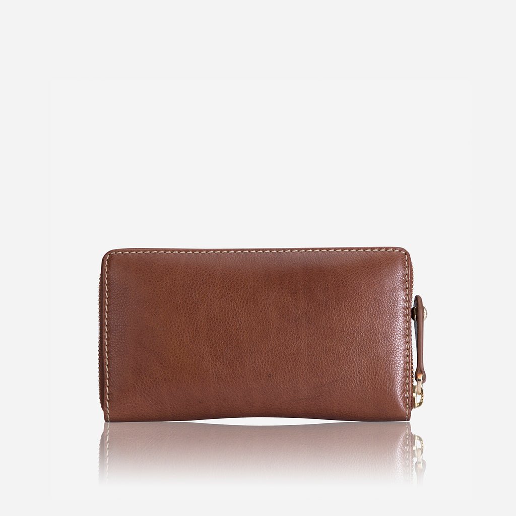 Jekyll and Hide medium zip around purse in tan leather, with multiple card slots and a secure zip closure, back image