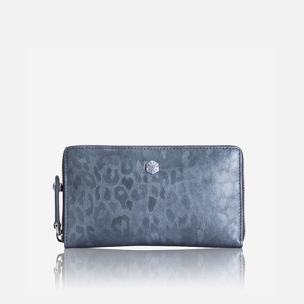Jekyll and Hide medium zip around purse in shimmer leather, featuring card slots and a compact design, front image