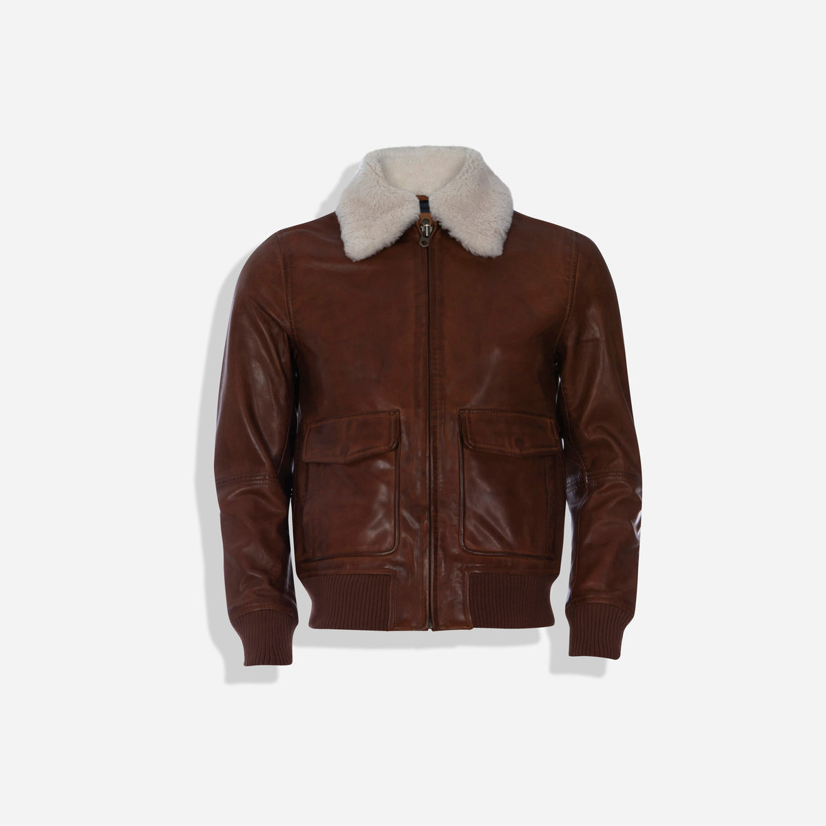 Jekyll & Hide Harry Jacket in cognac leather, a flight bomber zipped with cream shearling collar and flap pockets