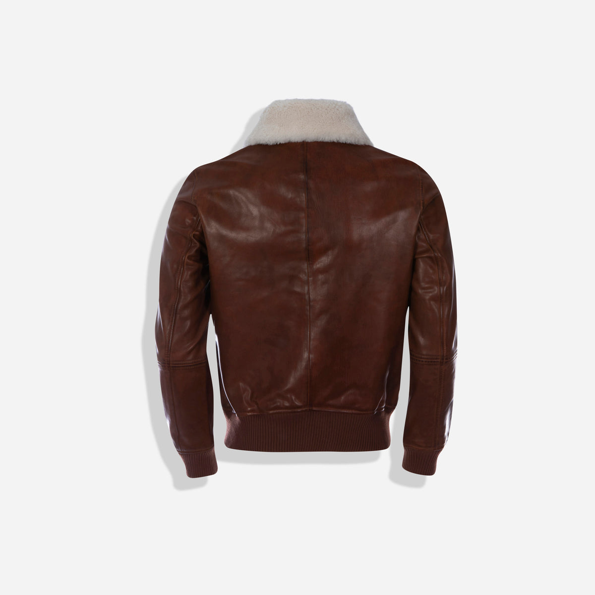 Back of the cognac leather Harry Jacket with cream shearling collar and ribbed hem