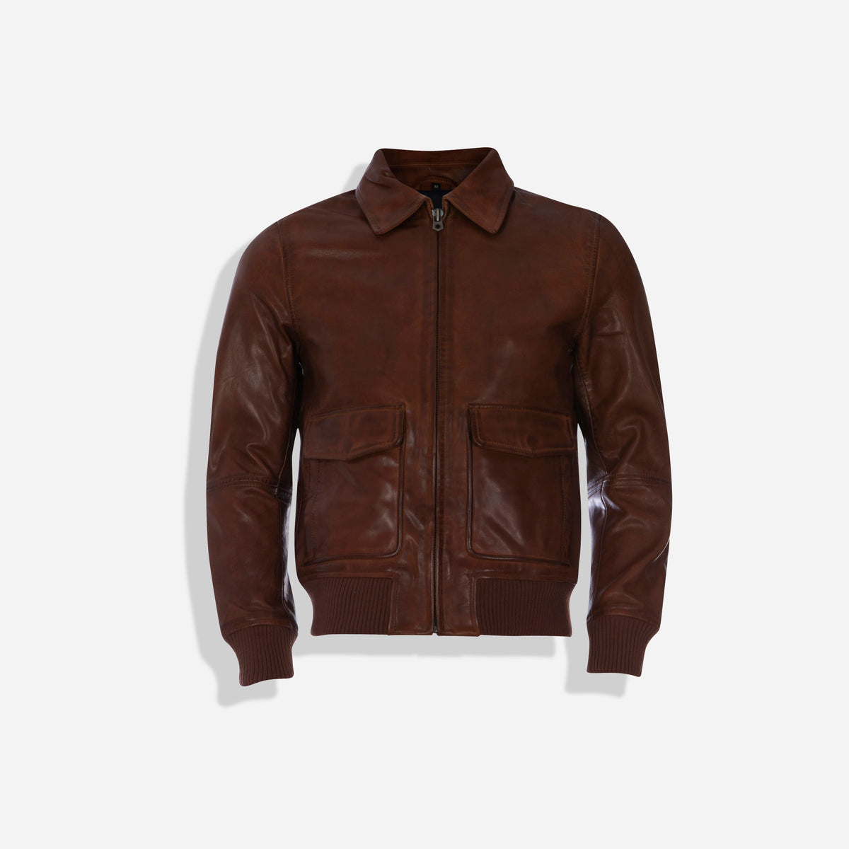 Cognac leather Harry bomber zipped with the detachable shearling collar removed, showing the shirt collar