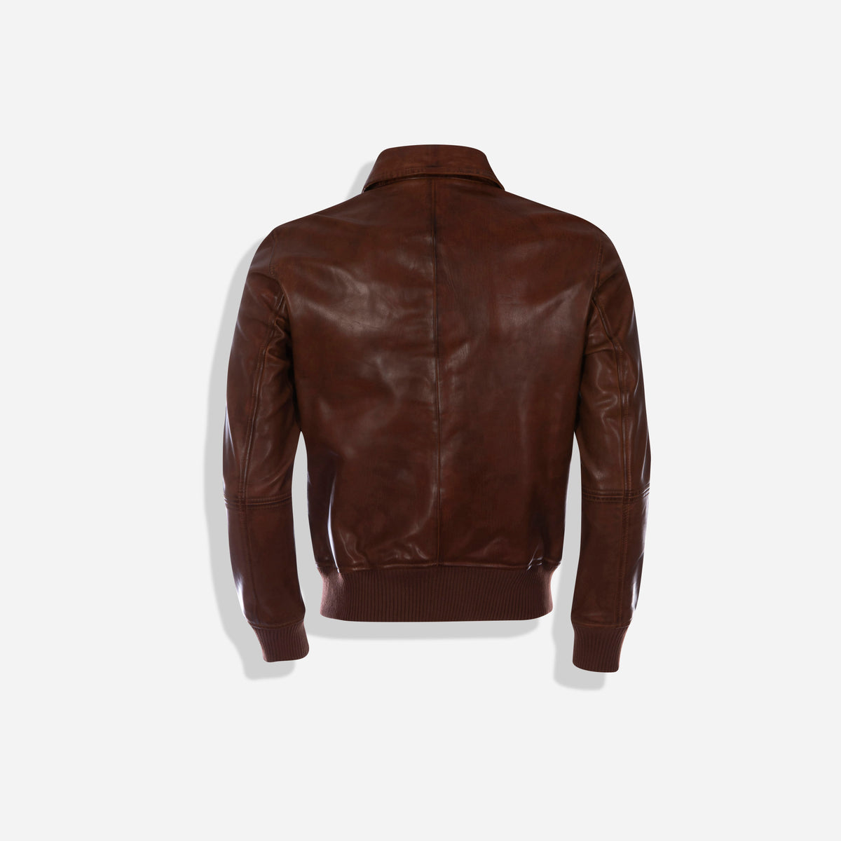 Back of the cognac leather Harry Jacket without its shearling collar
