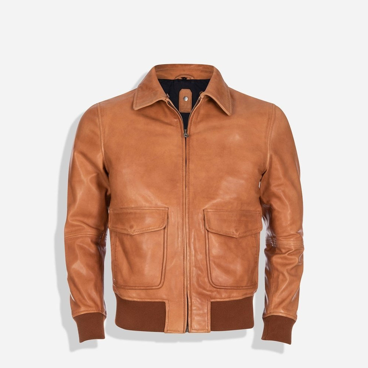 Clay tan leather Harry bomber zipped with the detachable shearling collar removed, showing the shirt collar