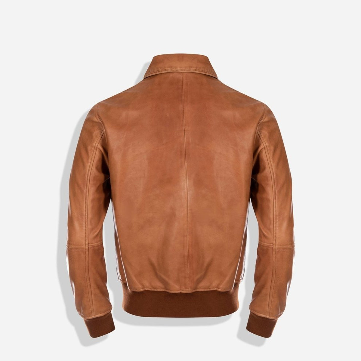 Back of the Clay tan leather Harry Jacket without its shearling collar