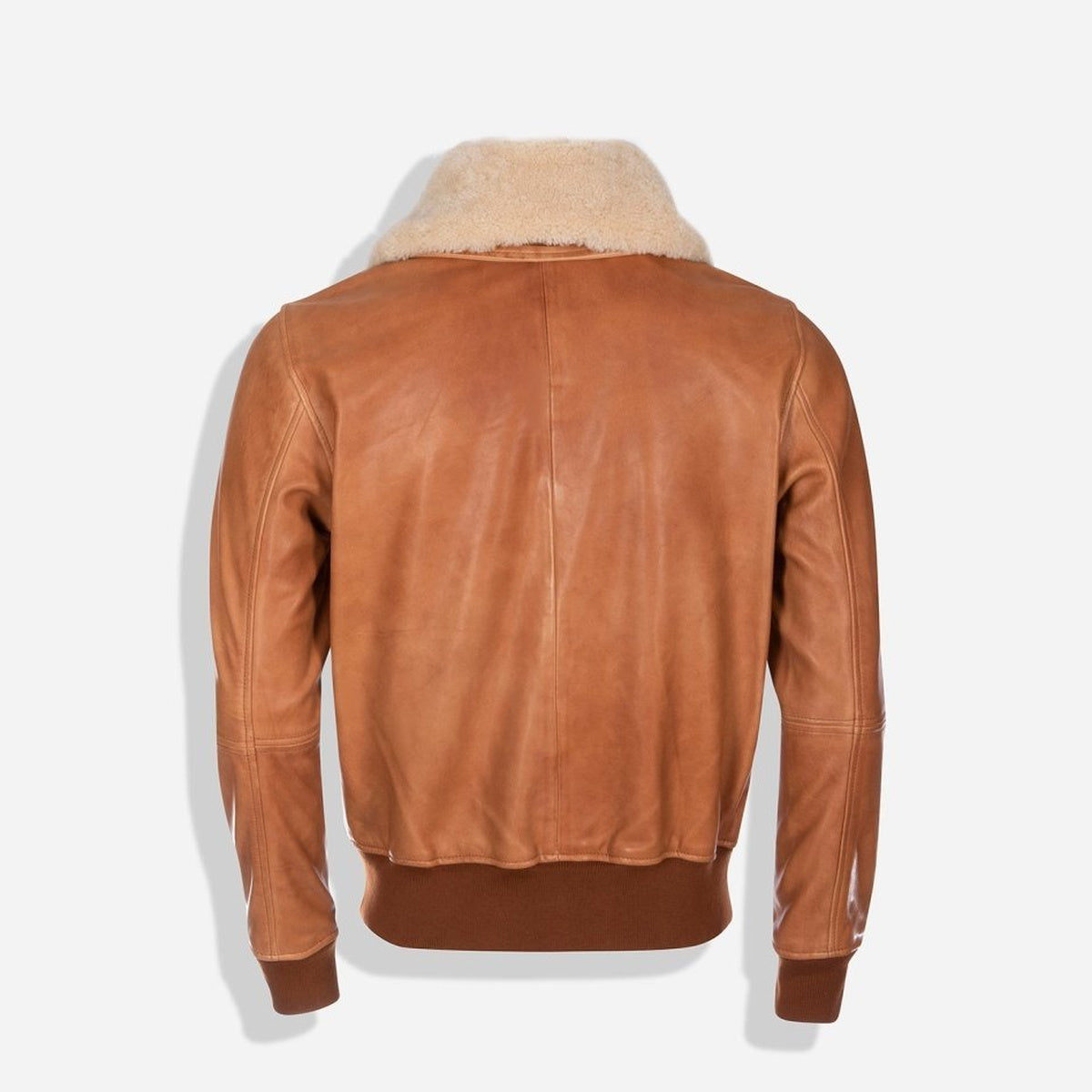 Back of the Clay tan leather Harry Jacket with cream shearling collar and ribbed hem