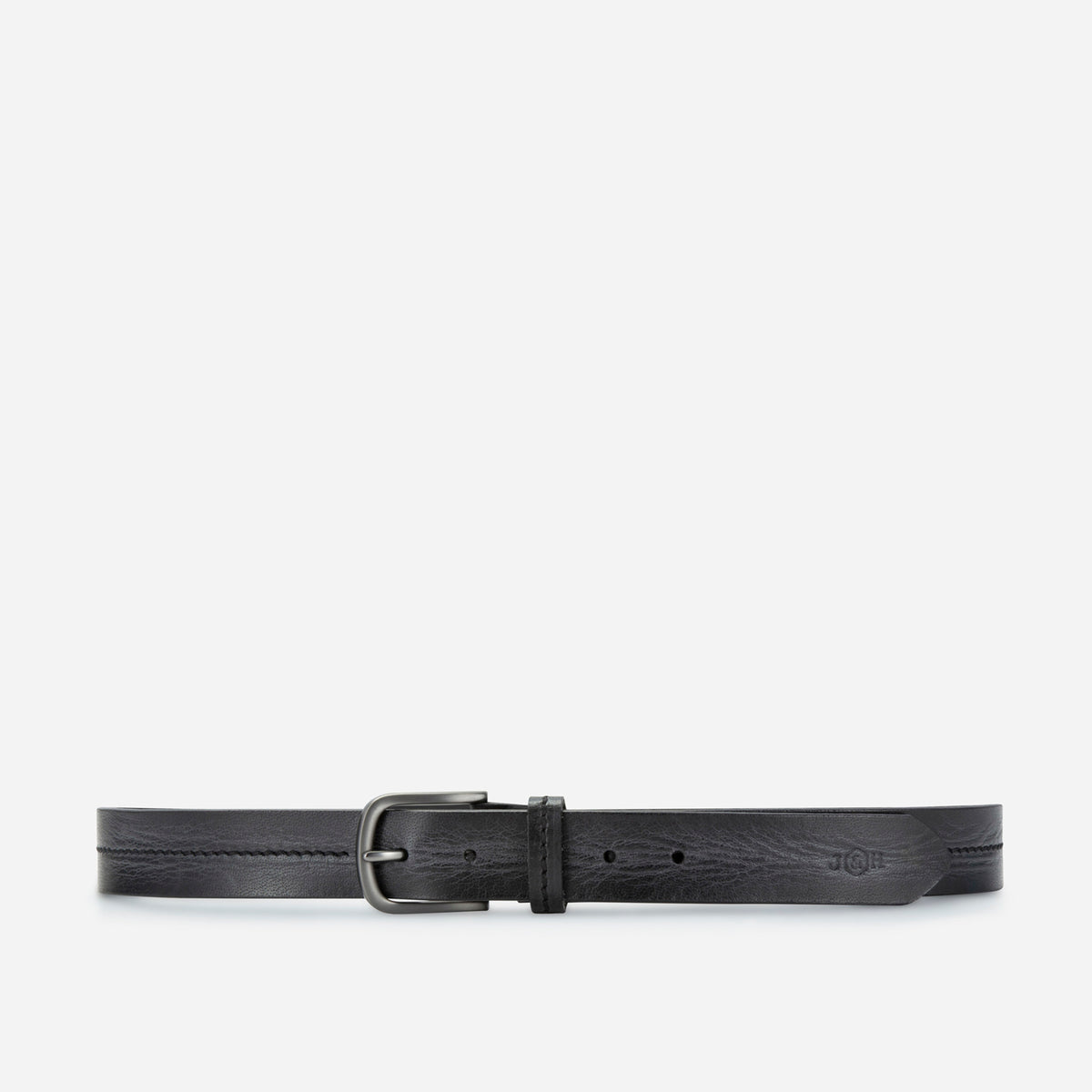 Black full-grain leather Bordeaux belt, full length view, Jekyll & Hide