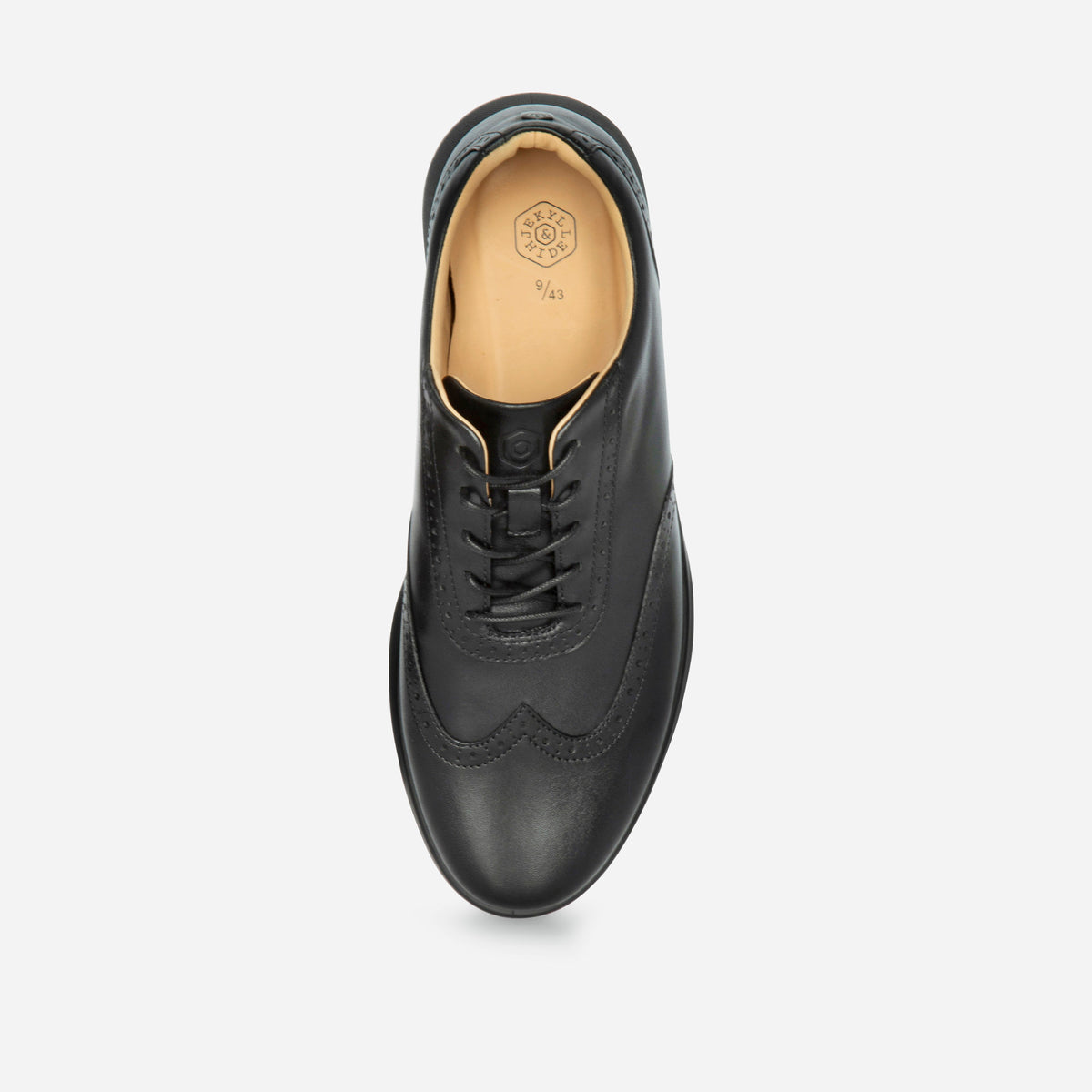 Black leather brogue sneaker from above, showing the padded leather footbed, Jekyll & Hide