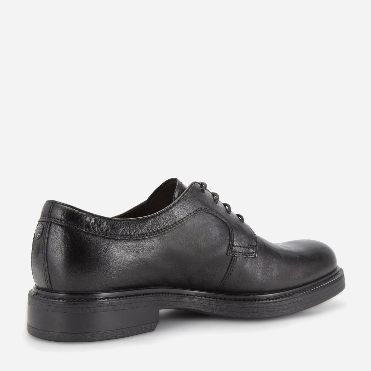 Rear three-quarter view of the black leather Oxford Derby Shoe