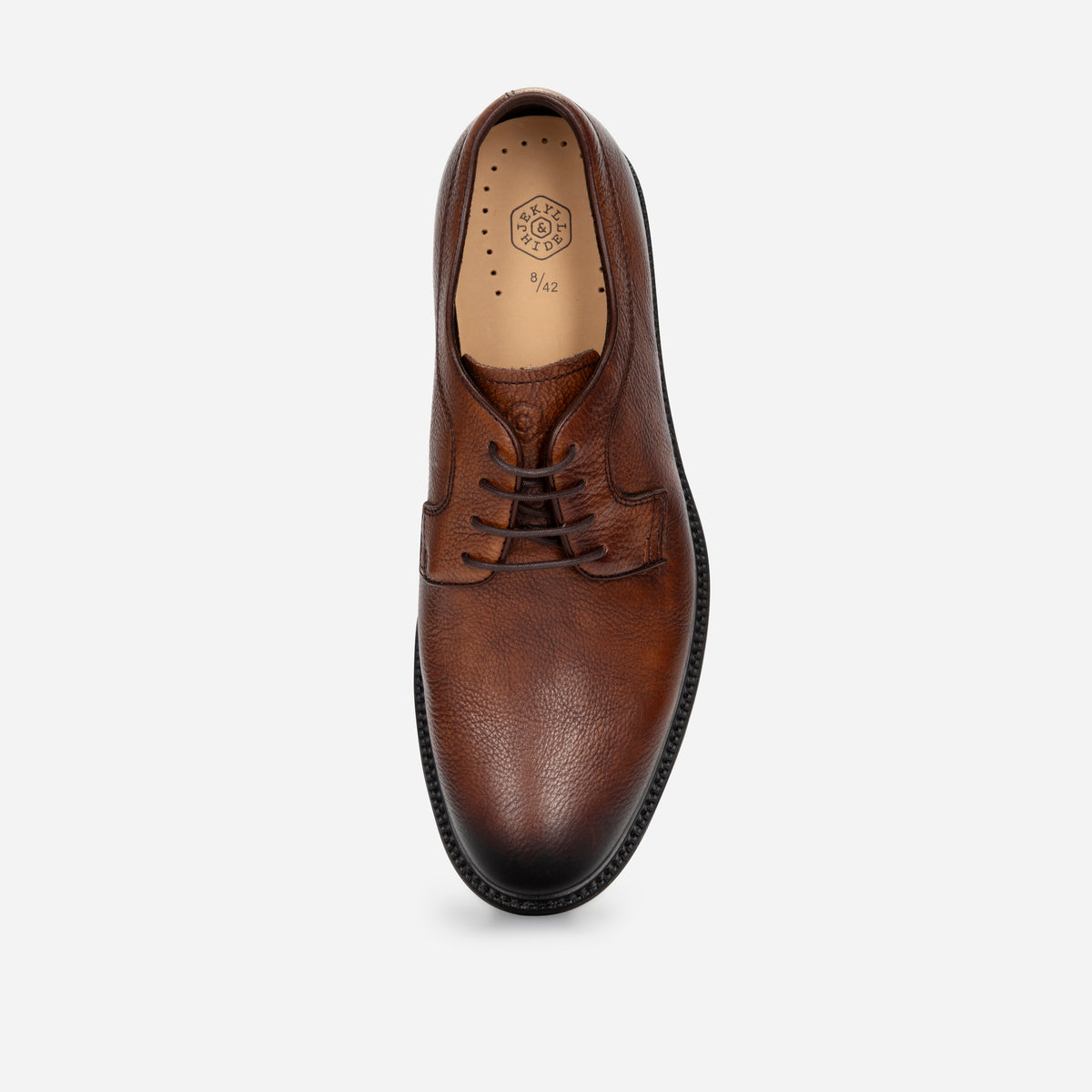 Top view of the brown leather Oxford Derby Shoe with branded insole