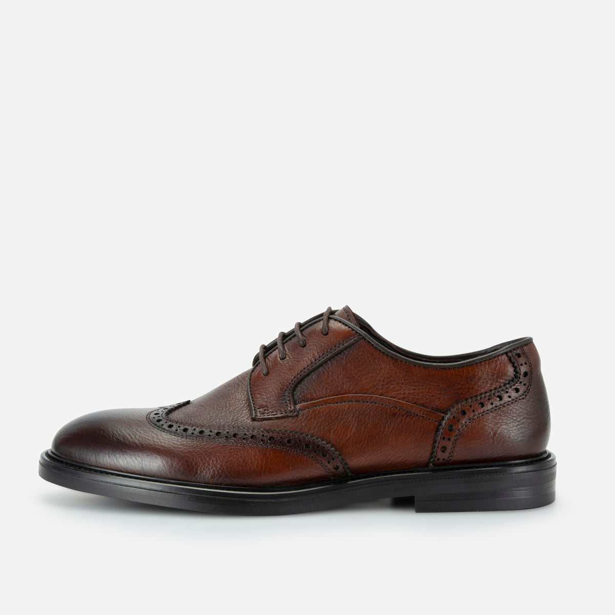 Brown tumbled leather wingtip brogue dress shoe, side view, Jekyll & Hide