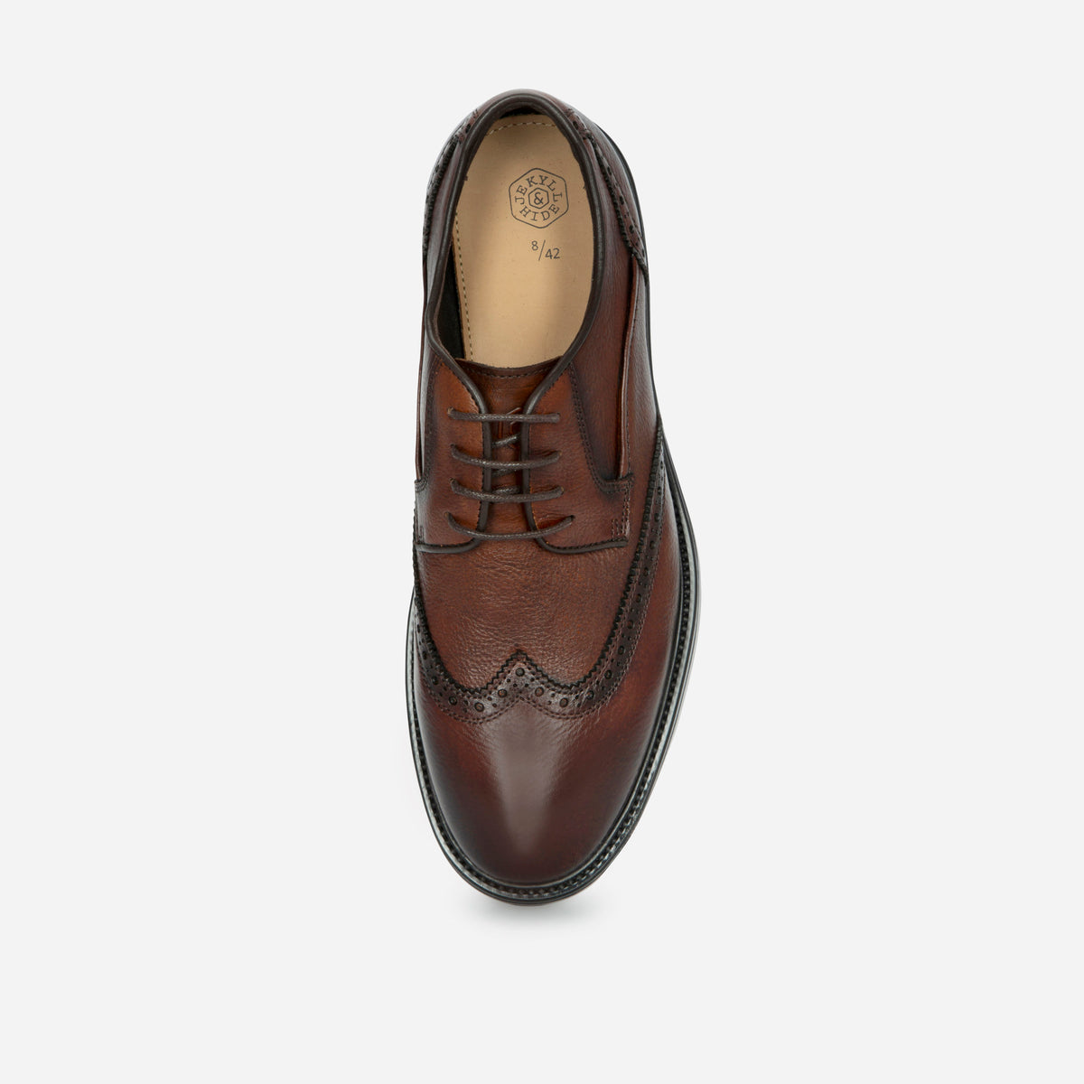 Brown leather brogue dress shoe from above, showing the padded leather footbed, Jekyll & Hide