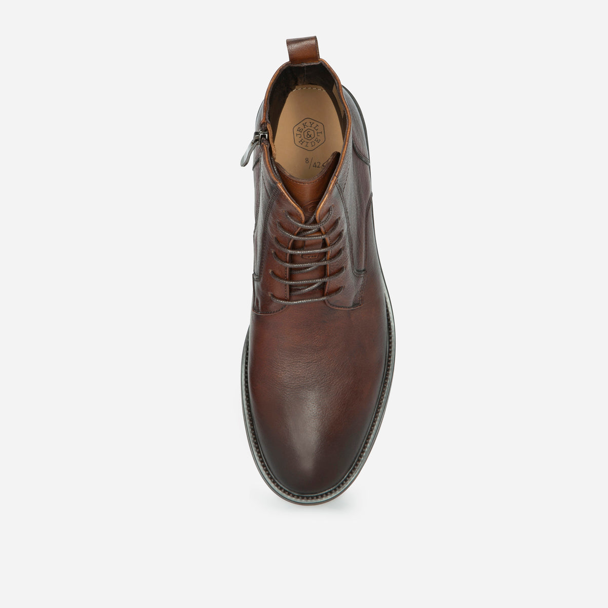 Brown leather lace-up ankle boot from above, showing the beige leather footbed, Jekyll & Hide