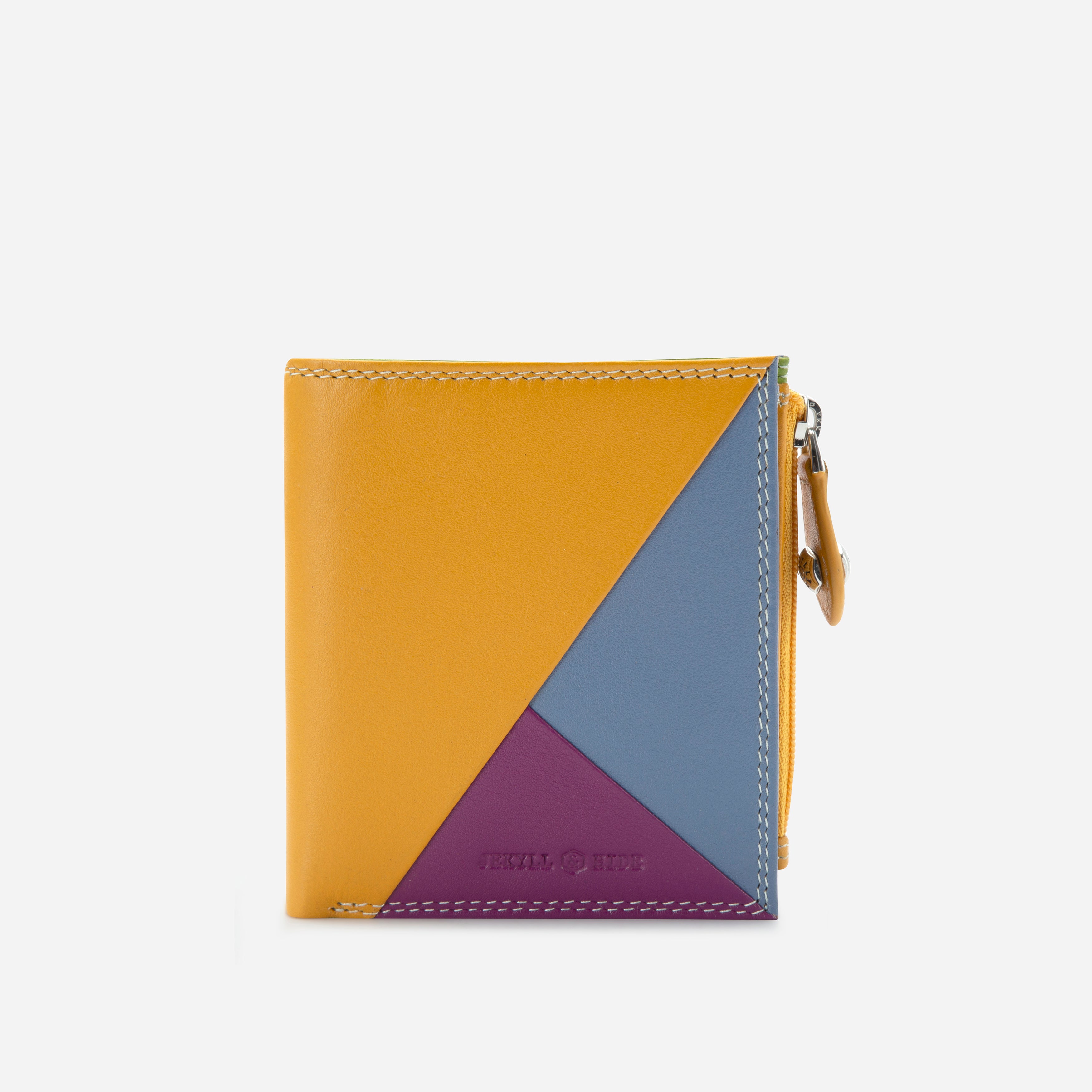 Fiji leather compact purse with geometric panel front and zip closure, front view – Jekyll & Hide