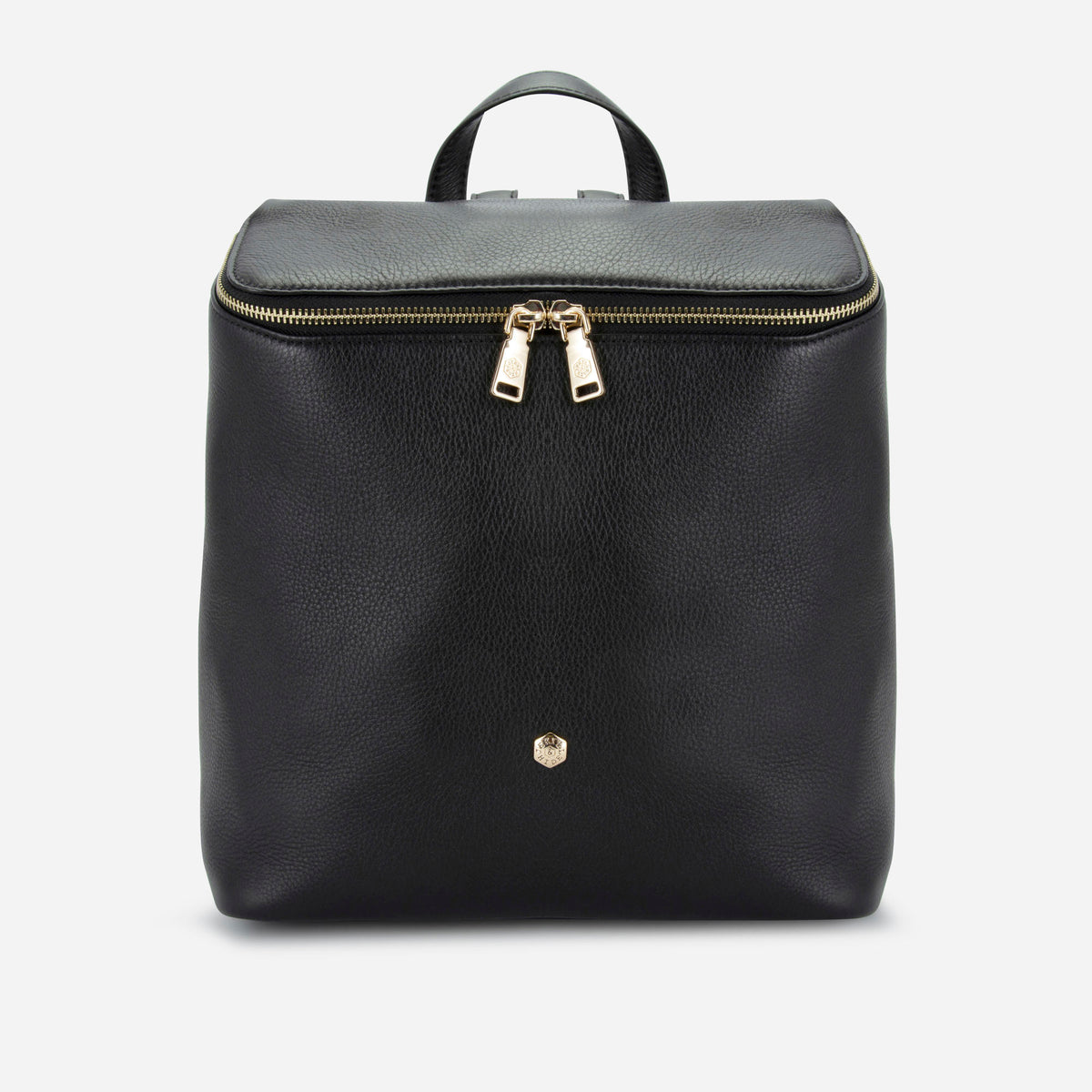 Black leather Geneva small backpack, front view with light gold zip, Jekyll & Hide